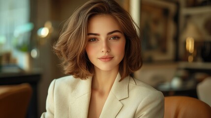 Fototapeta premium Portrait of smiling young businesswoman sitting in restaurant