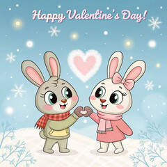 Adorable rabbits celebrating Valentine's Day in a snowy winter scene