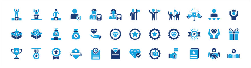 Fototapeta premium Business management success award achievement icon set. Containing reward, winner, champion, badge, medal, certificate, goal, target, trophy, crowned. Vector stock illustration.