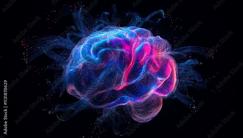 Poster abstract glowing blue brain with colorful connecting lines, symbolizing neural networks, digital int