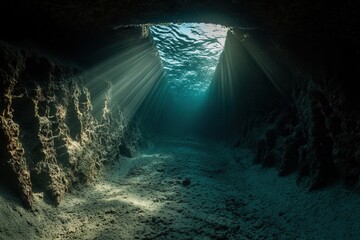 Underwater scene with light beams illuminating sand.