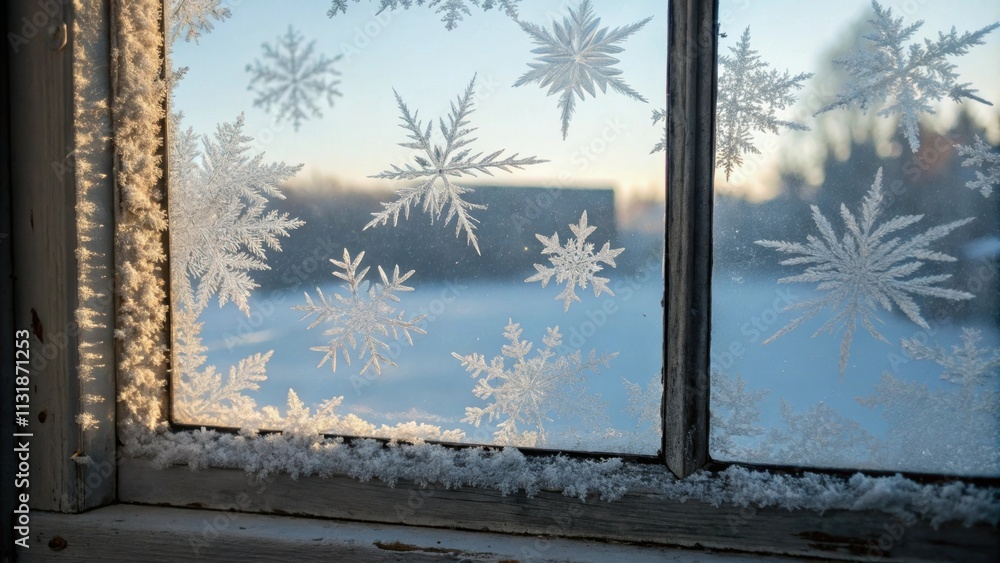 Aufkleber intricate frost patterns resembling snowflakes adorn a windowpane, creating a stunning winter scene 