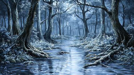 Serene Blue Forest River Scene Tranquil Winter Landscape