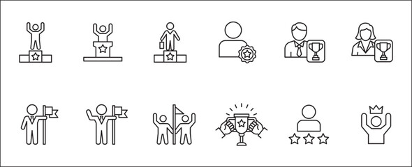 Fototapeta premium Business management success award achievement thin line icon set. Containing reward, winner, champion, badge, medal, certificate, goal, target, trophy, crowned. Vector stock illustration.