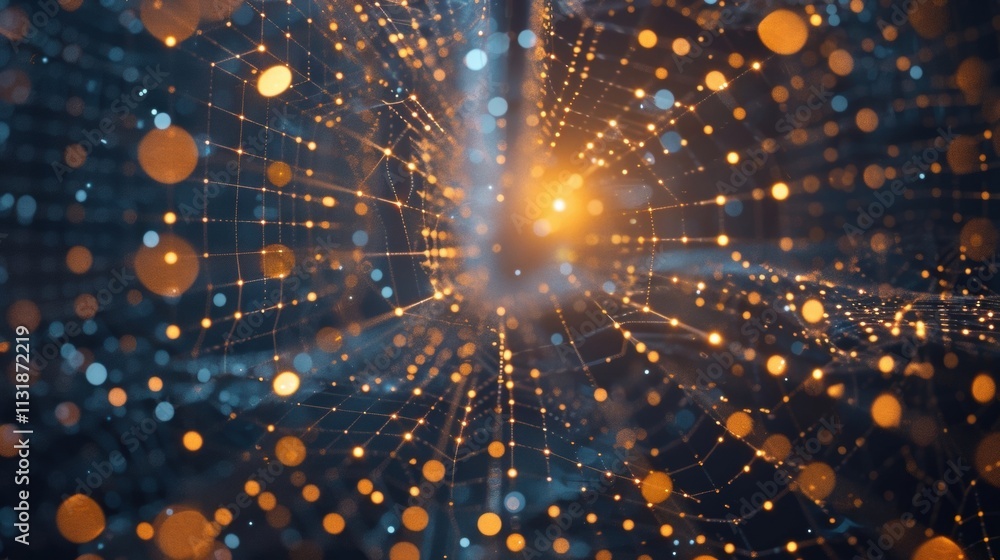 Poster complex network of glowing dots and lines creating a futuristic design, representing big data, infor
