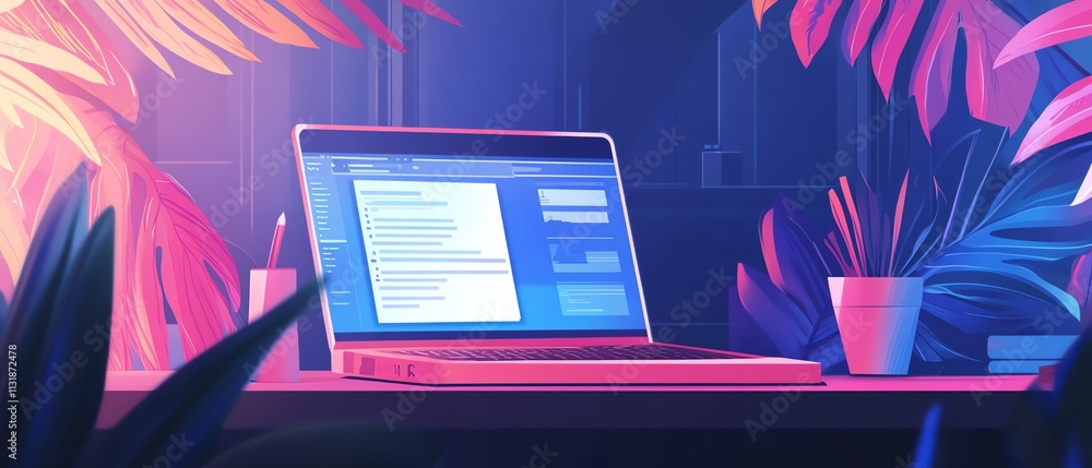Poster laptop on a desktop with a remote work interface and digital tools, symbolizing the future of online