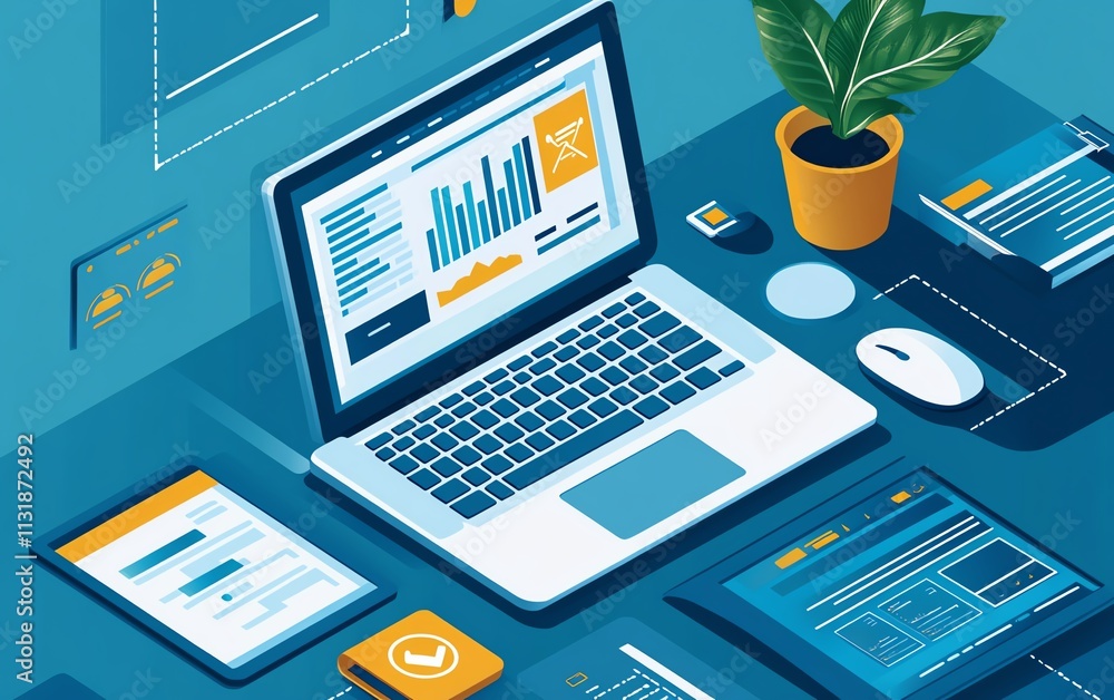 Poster laptop on a desktop with a remote work interface and digital tools, symbolizing the future of online
