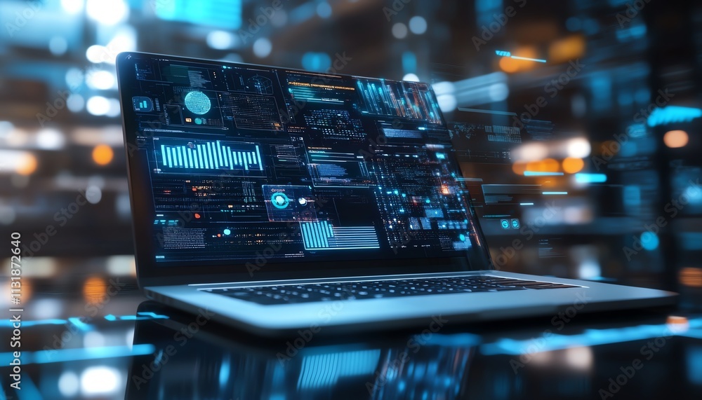 Poster laptop on a desktop with an interactive remote work interface, showcasing digital tools for producti