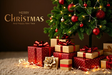 Merry Christmas Greetings with Pine Cones, Gift Boxes, Snowflakes, and Decorative Balls
