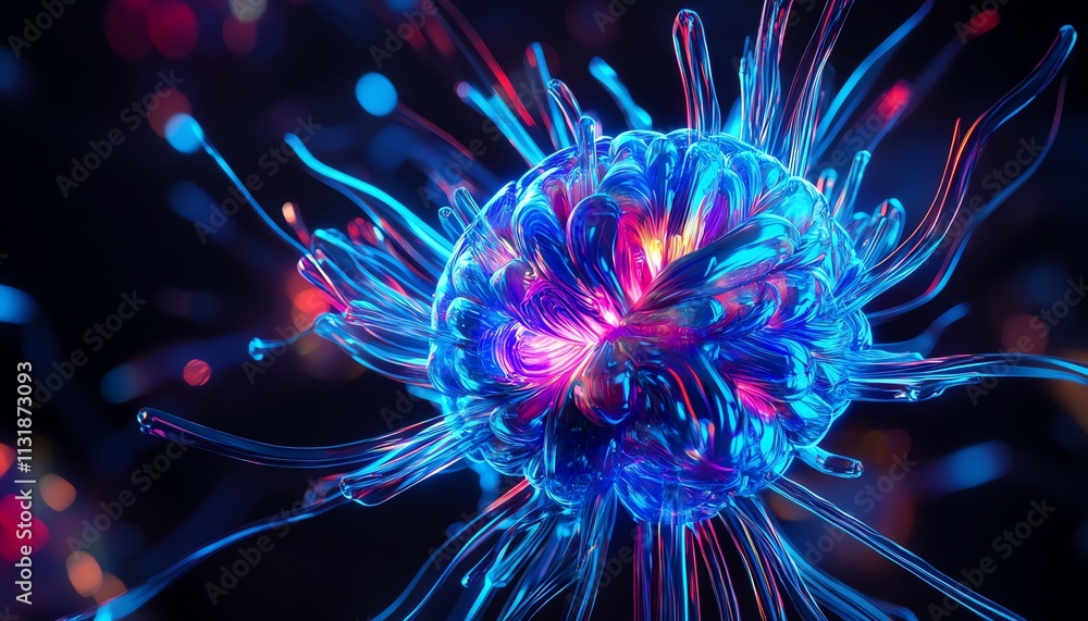 Poster 3d abstract glowing blue brain with colorful lines radiating, illustrating the concept of artificial