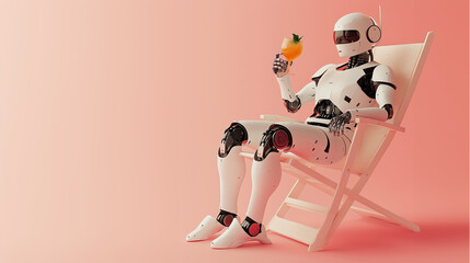 Tech-Themed Artwork of a Relaxing Robot with Drink in Apple Ad Style on Peachy Background