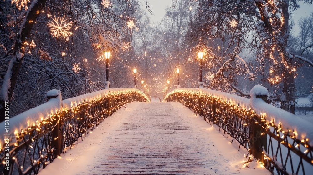 Poster a beautiful bridge covered in fresh snow glows in the soft light of lanterns and festive decorations