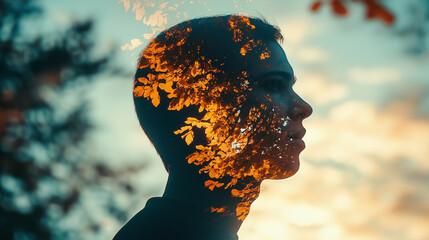 Double exposure photography of a man's head silhouette and autumn leaves