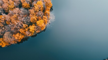 Experience the beauty of autumn as vibrant orange and yellow trees surround a serene river, captured from an elevated perspective