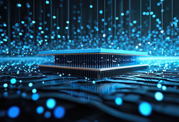 Quantum processor, Data streams and pulses of blue-green light show deep intelligence and computing power