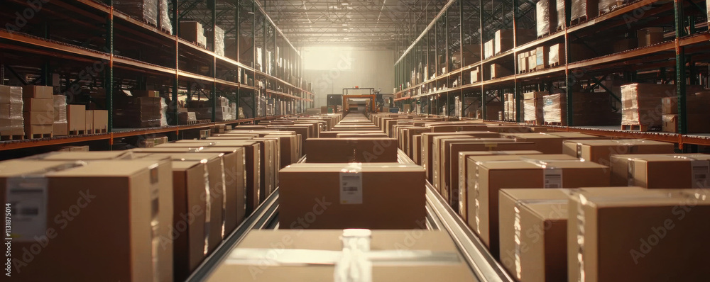Poster e-commerce logistics and sustainability concept. efficient warehouse with automated sorting system a