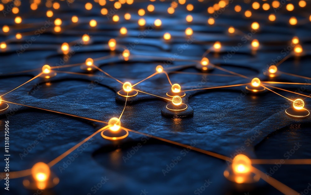 Poster 3d visualization of glowing dots and lines forming network connections on a dark blue background, sy