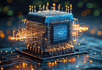 Quantum processor, Data streams and pulses of blue-green light show deep intelligence and computing power