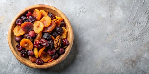 Fototapeta premium A vibrant mix of dried fruits and nuts in a wooden bowl, perfect for a healthy snack or ingredient