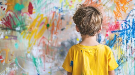 A young boy wearing a yellow shirt faces a vibrant graffiti wall filled with colorful paint splatters and abstract designs.