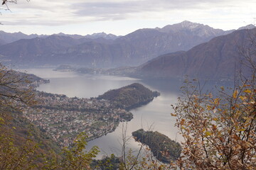 View of Lake Como, below on the right the Comacina island, followed up by the promontory of Villa Balbianello and at the top Bellagio and its promontory from Croce area hamlet of Sala comacina. Italy