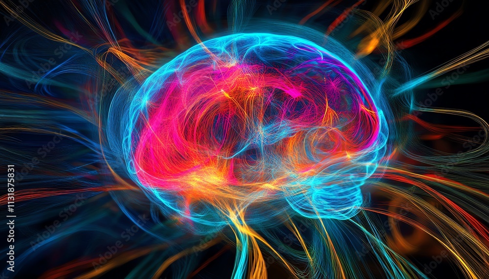 Poster abstract glowing blue brain with colorful connecting lines, symbolizing neural networks, digital int