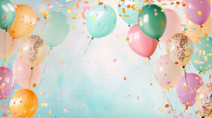 A lively arrangement of colorful balloons and swirling confetti captures the joy of celebrations, perfect for parties or festive events