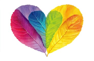 A heart-shaped arrangement of colorful leaves in rainbow hues, including red, blue, green, and yellow, symbolizing unity and diversity.