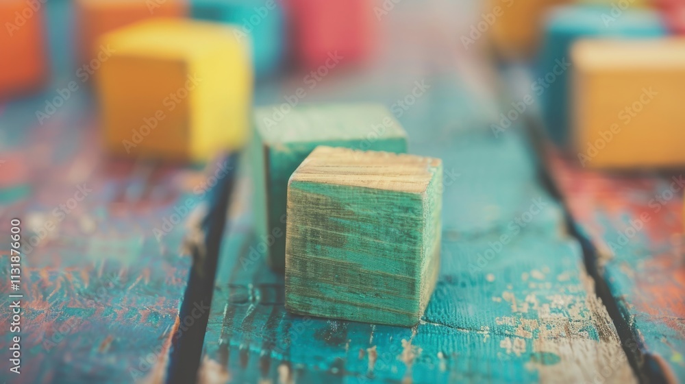 Poster brightly colored wooden blocks create a playful arrangement on a weathered table, sparking creativit