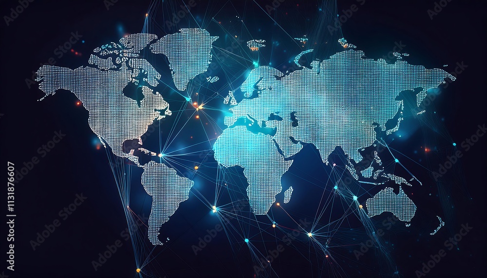Poster a world map with interconnected nodes, representing global connectivity and network, set against a b