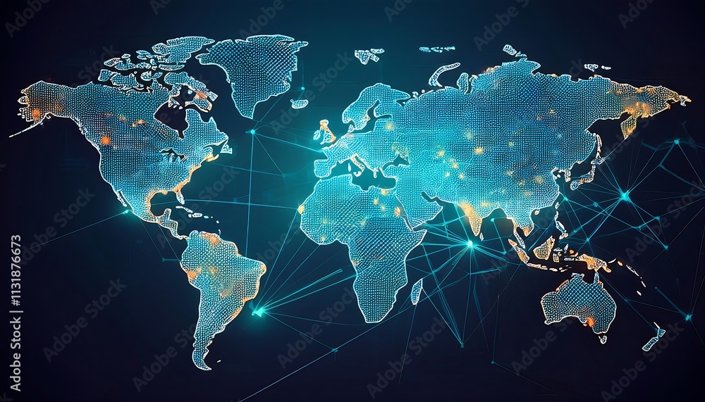 Poster a world map with interconnected nodes, representing global connectivity and network, set against a b