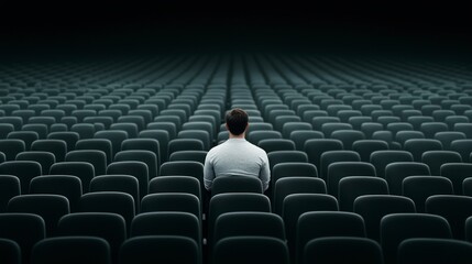 Fototapeta premium Lonely Man in Empty Auditorium Seats Isolation Solitude Audience Theater