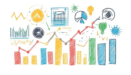 Colorful handdrawn business sketch with charts, icons, and symbols on a white background, symbolizing strategic planning and decisionmaking
