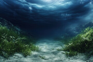Underwater scene with sandy floor and aquatic vegetation.