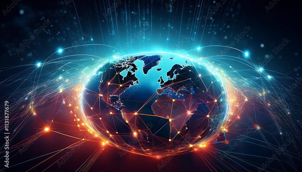 Poster global connectivity with interconnected lines, nodes and glowing world maps.