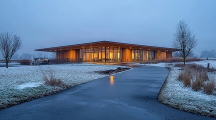 Obraz premium Modern Prairie House Flat Roof Design Winter Landscape