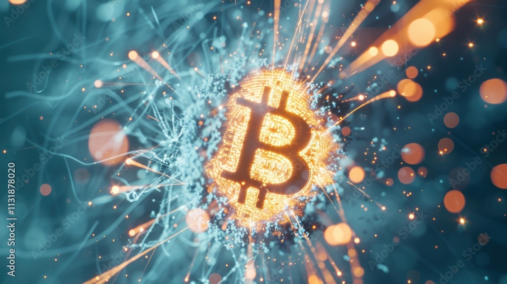 Poster glowing bitcoin symbol surrounded by digital energy streaks and bokeh lights, representing blockchai