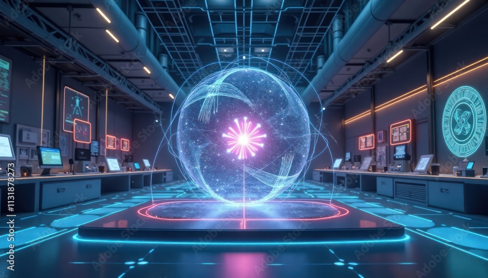 Aufkleber futuristic lab shows digital models of quantum entanglement, particle interactions. interactive disp