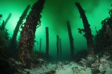 Underwater scene with submerged wooden pillars and sea life.