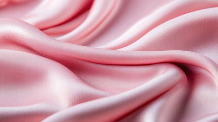 Obraz premium Gentle waves of fluid satin pink fabric ripple in a graceful display, highlighting the silky texture and shimmering surface under soft light