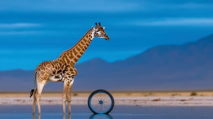 Obraz premium Giraffe at Waterhole African Wildlife Blue Sky Bicycle Wheel
