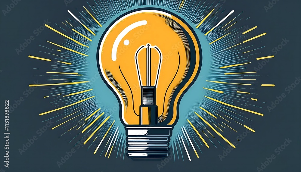 Poster lightbulb icon symbolizing ideas, innovation, or insights, set against a glowing background with ray