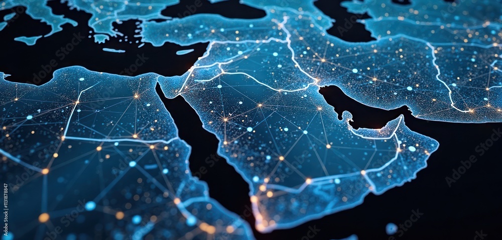 Poster Digital map shows Saudi Arabia, MENA region network connectivity. Global tech network visualization. Modern tech infrastructure, communication. Interactive map of countries. International