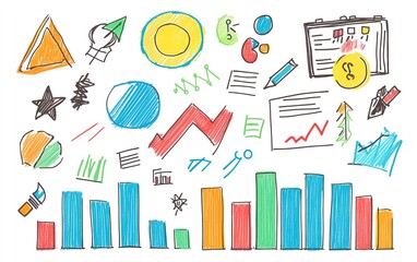 Obraz premium Handdrawn colorful business concept sketch with various charts, icons, and symbols on a white background, illustrating strategy and planning