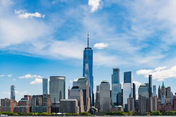 Obraz premium New York, United States. Lower Manhattan skyline. NY, Panorama view of New York city skyline in Midtown Manhattan. NYC, USA, Manhattan. New York from New Jersey. Downtown Manhattan.