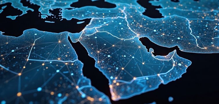Digital map shows Saudi Arabia, MENA region network connectivity. Global tech network visualization. Modern tech infrastructure, communication. Interactive map of countries. International