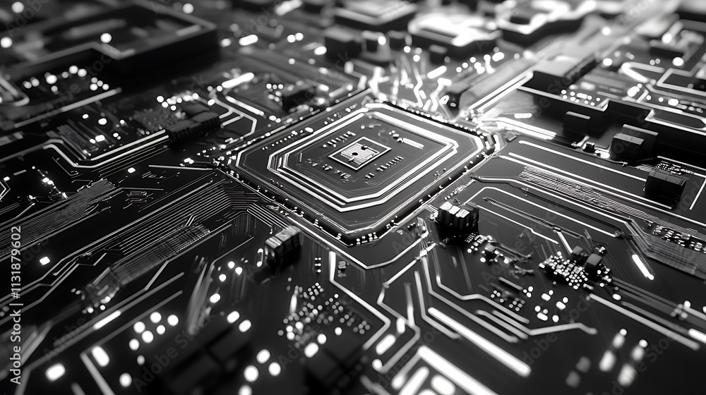 Poster close-up of modern circuit board with intricate details for modern high tech progress concept.