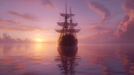 Fototapeta premium Majestic Sailing Ship at Sunset Over Calm Ocean Waters
