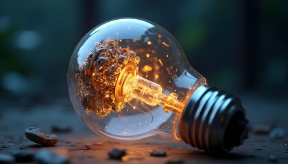 A light bulb with an ingenious design. An interesting visualization of a technological device inside a transparent glass casing. Neat and orderly layout of internal wiring, circuits, and other technol