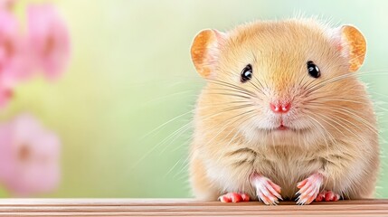 Fototapeta premium Adorable Baby Mouse on Wooden Deck Spring Background